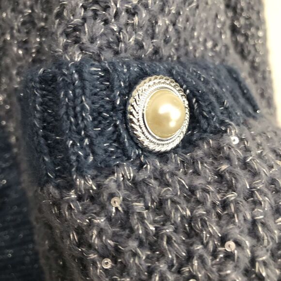 Lauren Conrad Dusty Blue Silver Sparkle V Neck Pearl Button Up Holiday Cardigan - Picture 14 of 16